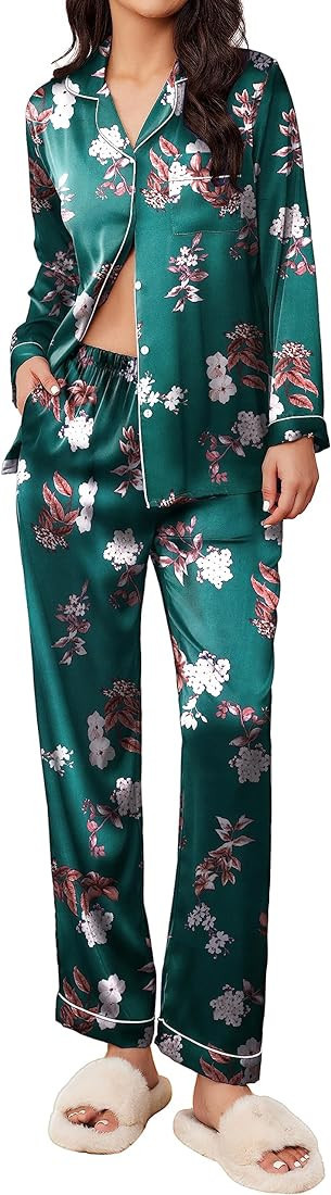 Ekouaer Silk Pajamas Women's Long Sleeve Sleepwear Satin Soft Button Down Loungewear Pjs Set S-XX... | Amazon (US)