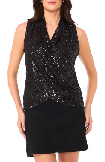 Vince Camuto Sequin Crossover Detail Sleeveless Top in Rich Black at Nordstrom Rack, Size Large | Nordstrom Rack