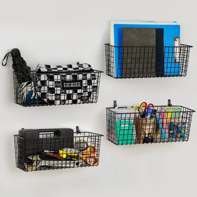 4 Set [EXTRA LARGE] Hanging Wall Mount Storage Baskets With Adhesive Hooks & Steel Hooks, Multiuse Sturdy Wire Metal Organizing Baskets, Black | Wayfair North America