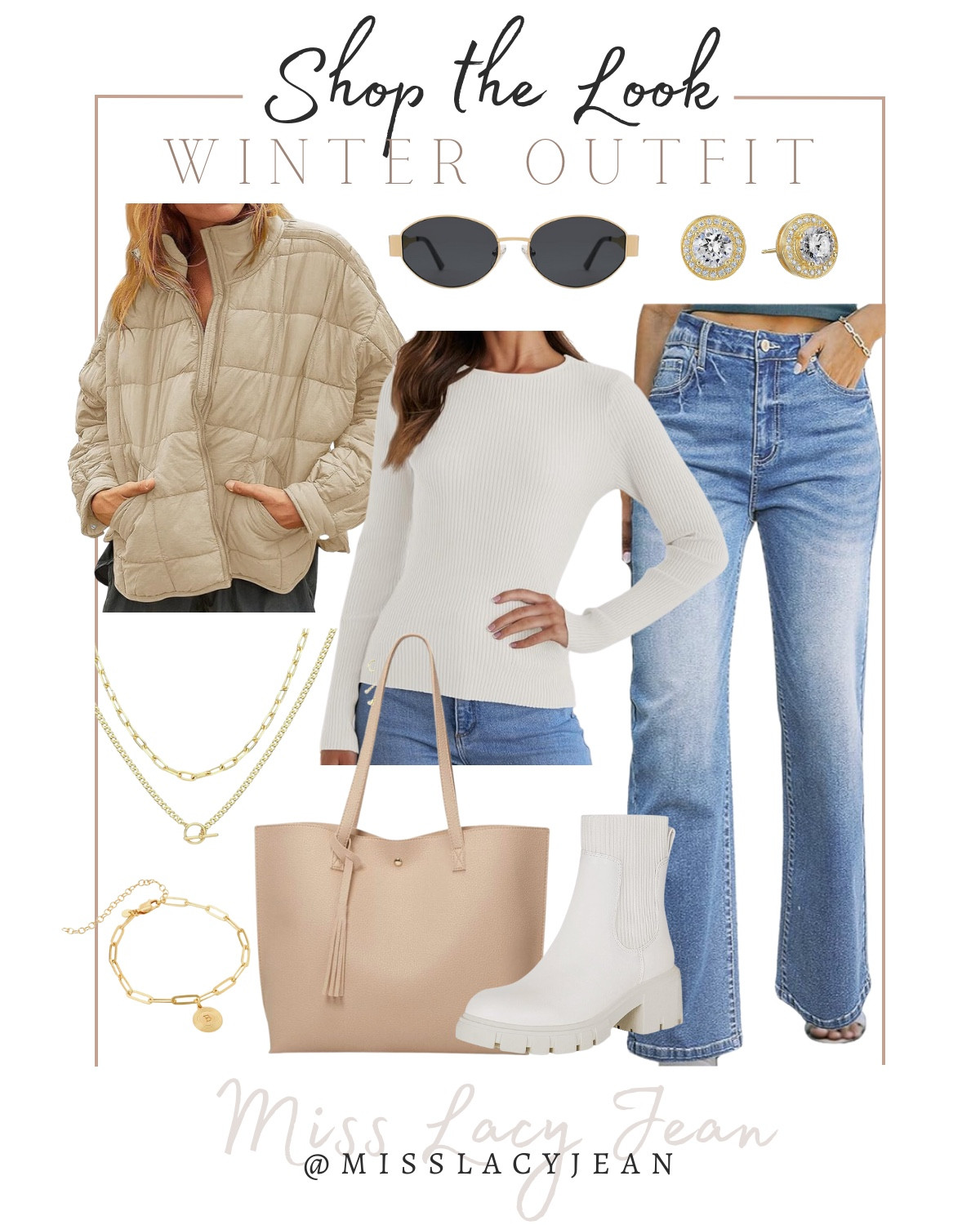 Winter outfit includes jeans, basic top, quilted coat, boots, bag, gold jewelry, sunglasses.

Looks for less, everyday outfit, casual outfit 

#LTKFindsUnder50 #LTKShoeCrush #LTKStyleTip