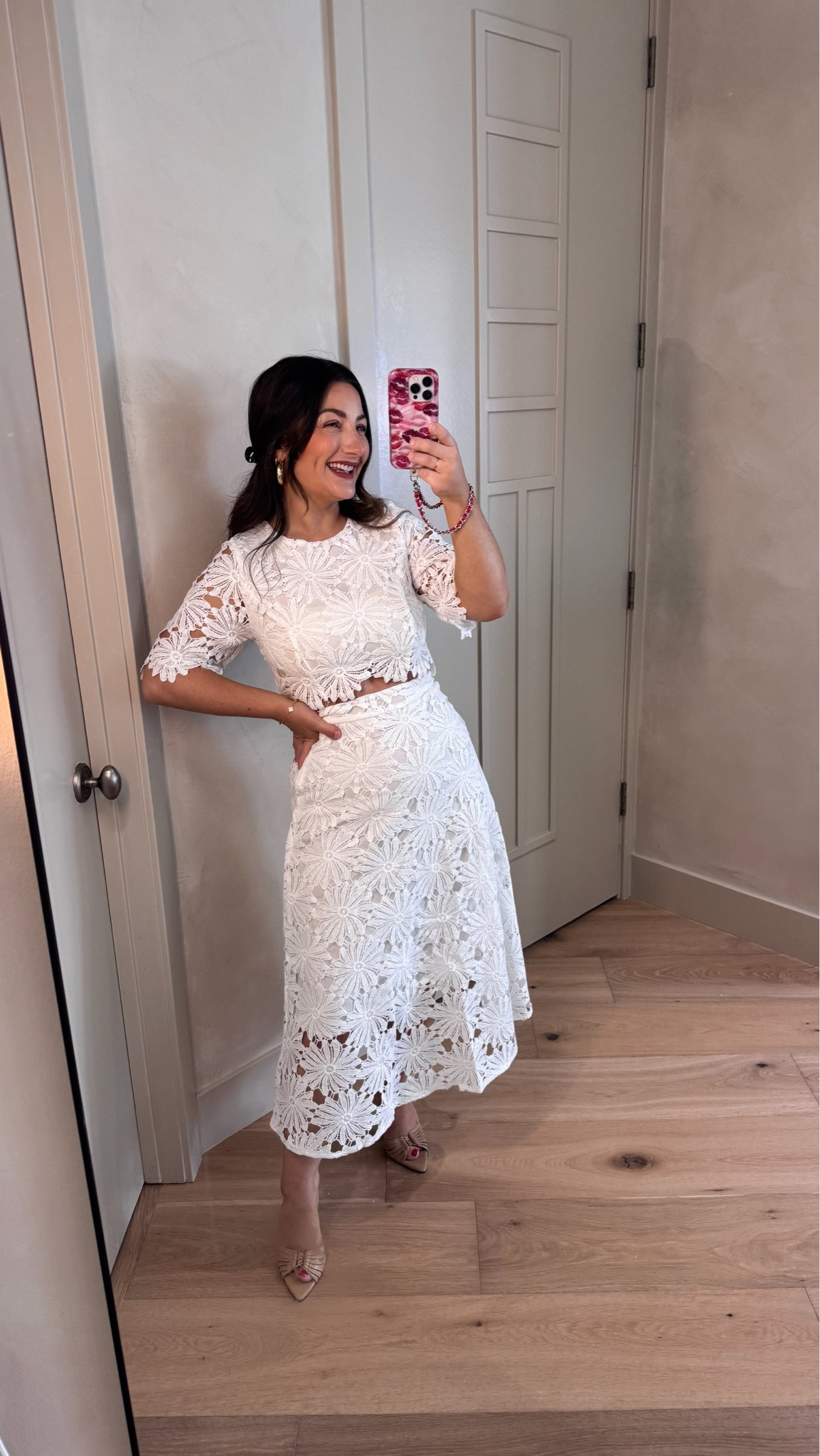 Gorgeous lace cropped top and skirt! Perfect for events this season! Showers, graduation, birthday dinner! 

I'm in a size small 
Runs TTS but slightly tight around the waist so size up if in between!

5'0" 140lbs 
Petite friendly

#LTKPetite #LTKTravel #LTKWedding