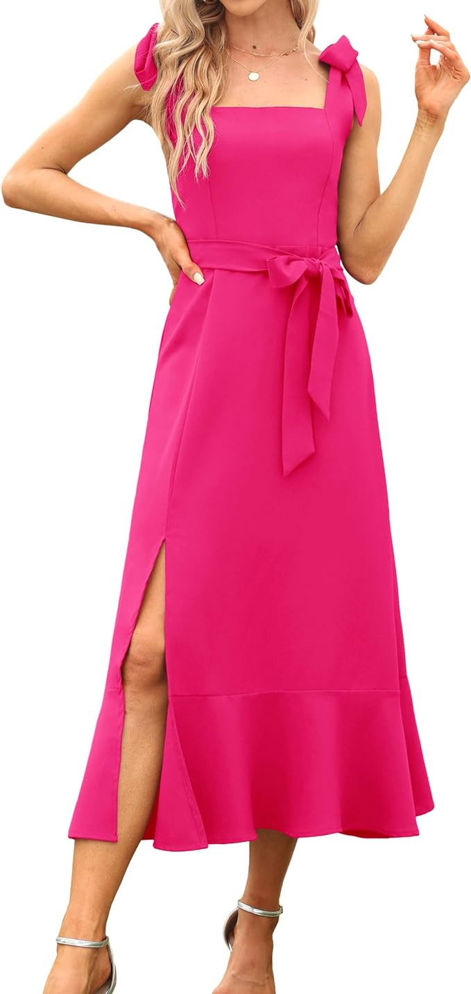 Women's Elegant Bridesmaid Dresses Square Neck Ruffle Split Midi Formal Dress for Wedding Guest C... | Amazon (US)