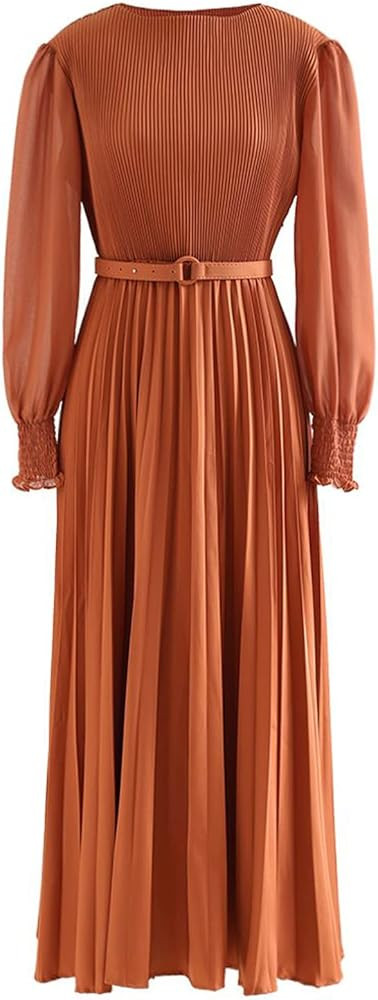 CHICWISH Women's Lilac/Yellow/Dark Green/Tan Full Pleated Belted Maxi Dress | Amazon (US)