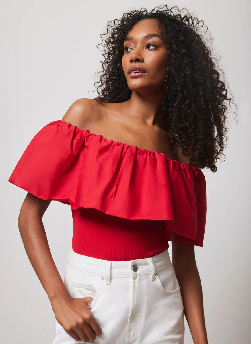 Red Cotton Bardot Top | Mint Velvet