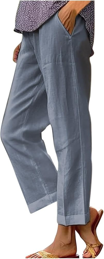 TIMIFIS Linen Pants Women Summer Straight Leg Pants Casual Elastic High Waist Palazzo Pant Plus S... | Amazon (CA)
