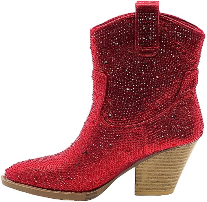 FOREVER Women Rhinestone Block Chunky Heel Ankle Bootie River-01 Red 10,Red Rhinestone-01 | Amazon (US)