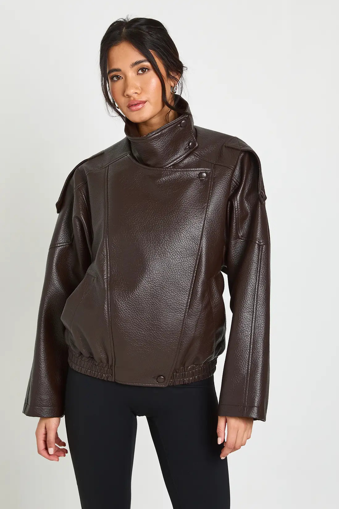 Chocolate Faux Leather Funnel Neck Jacket | Boohoo | Boohoo.com (UK & IE)
