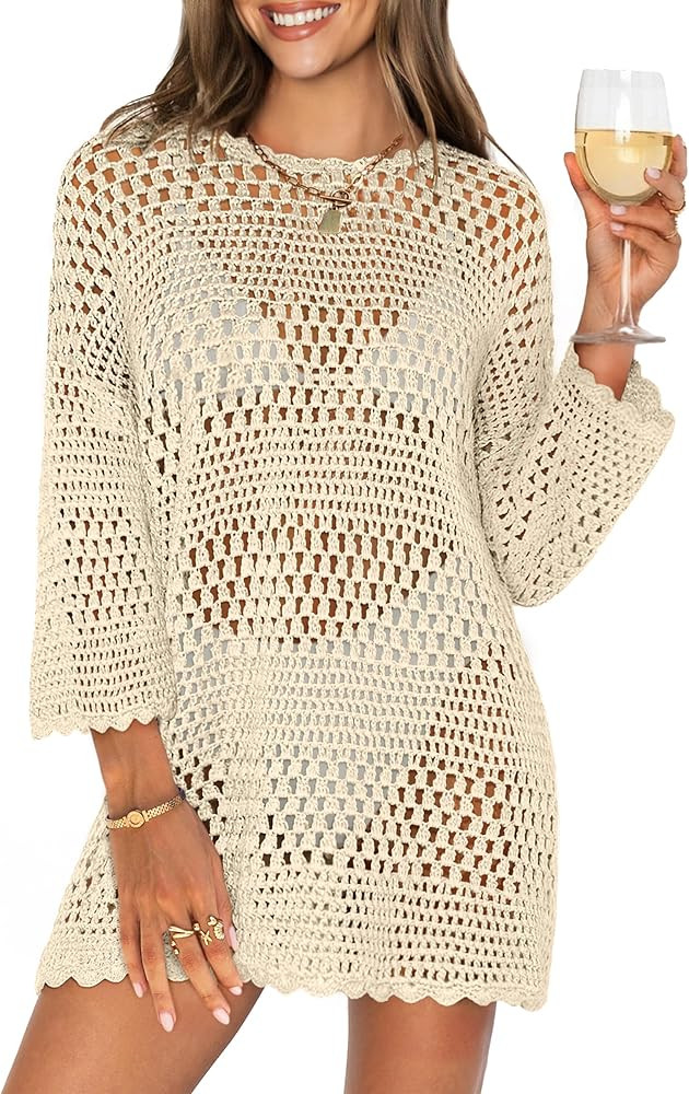 ANRABESS Women's Crochet Hollow Out Swimsuit Cover Up, 3/4 Sleeve Beach Mini Dress for Pool, Vaca... | Amazon (US)