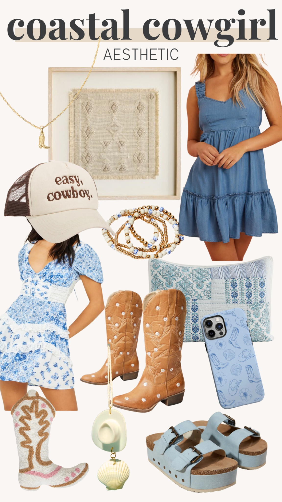 Coastal cowgirk aesthetic, denim dress, floral dress, wall decor, cowgirl jewelry, bracelet, hat, cowgirl boots, sandals, car decor, phone cover 

#LTKStyleTip #LTKBeauty #LTKHome