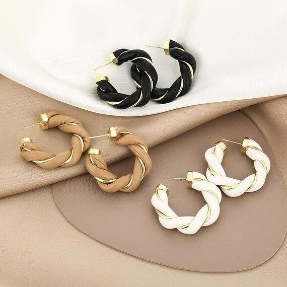 MARTHA Twisted Brass Leather Woven C-shaped Hoop Earrings - Etsy | Etsy (US)