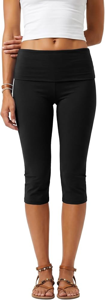 Women's Fold Over Capri Leggings High Waist Yoga Pants Summer Ribbed Cropped Workout Tights Casua... | Amazon (US)