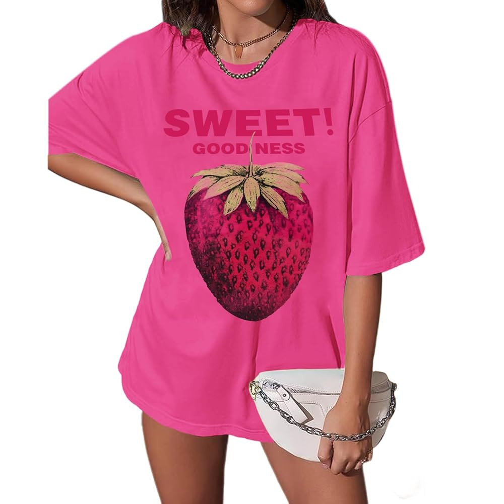Womens Oversized Strawberry Graphic Tees Vintage Fruit Baggy Shirt Y2k Cotton Shirts Loose Fit Cr... | Amazon (US)