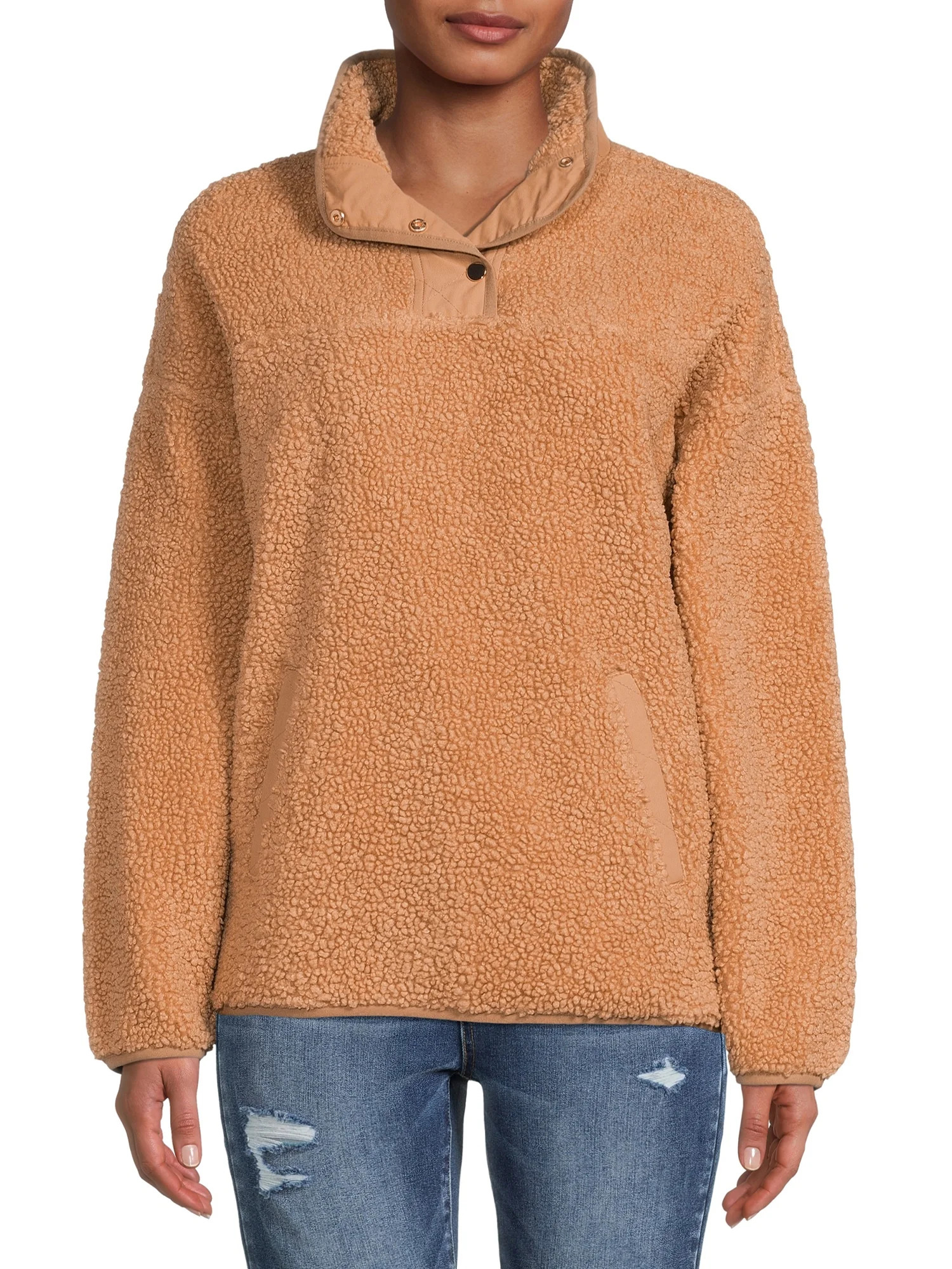 Time and Tru Women's and Plus Quarter Snap Faux Sherpa Jacket - Walmart.com | Walmart (US)