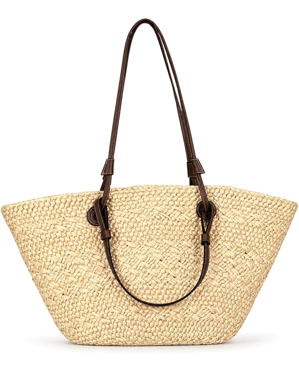 Large Woven Straw Beach Tote Bag for Women, Summer Shoulder Handbag with Long & Short Handles, Be... | Amazon (UK)