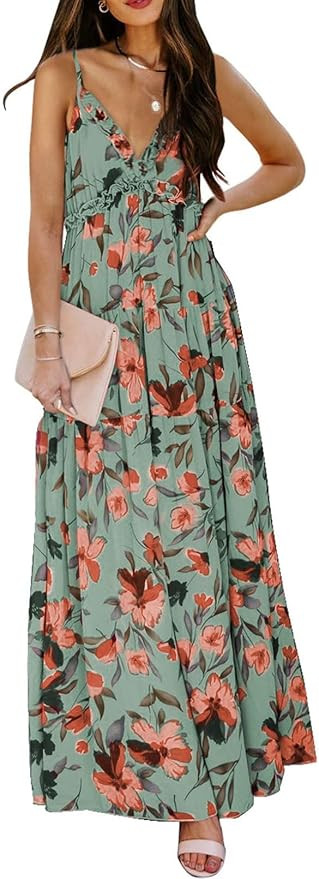 BLENCOT Women's Casual Boho Floral Printed Deep V Neck Loose Sleeveless Long Evening Dress | Amazon (US)