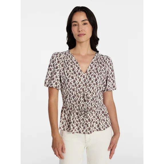 Time and Tru Women's V Neck Shirred Peplum Top, Sizes XS-XXXL | Walmart (US)