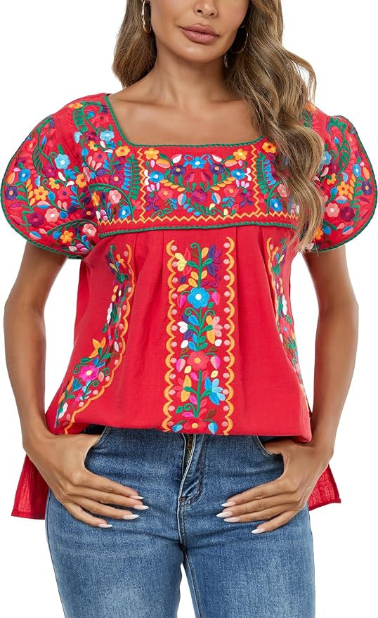 Mexican Shirts for Women Embroidered Tops Traditional Peasant Summer Tunic Blouse | Amazon (US)