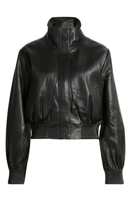 Nordstrom Funnel Neck Leather Bomber Jacket in Black at Nordstrom, Size Medium | Nordstrom