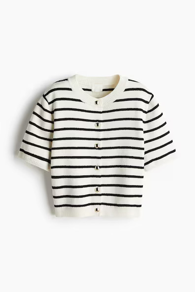 H & M - Short-Sleeved Cardigan - Cream/Black Striped | H&M (US + CA)