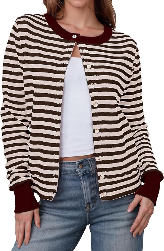 Glamaker Women's Striped Fall Cardigan Sweater Cropped Button Down Knit Long Sleeve Crewneck Fash... | Amazon (US)
