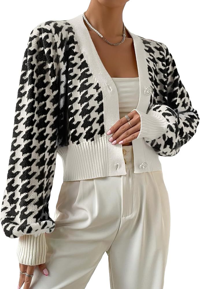 SHENHE Women's Houndstooth Button Down V Neck Lantern Sleeve Cropped Cardigan Sweater | Amazon (US)