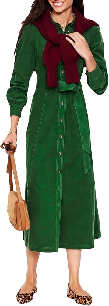 SCOFEEL Women's Corduroy Midi Dress Long Sleeve Cord Button Down Shirt Long Dress with Belt | Amazon (US)