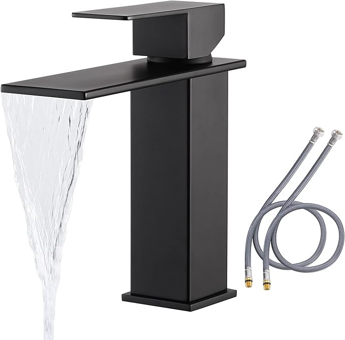KES Bathroom Sink Faucet Single Hole, Black Bathroom Faucet Waterfall Faucet with Supply Lines fo... | Amazon (US)