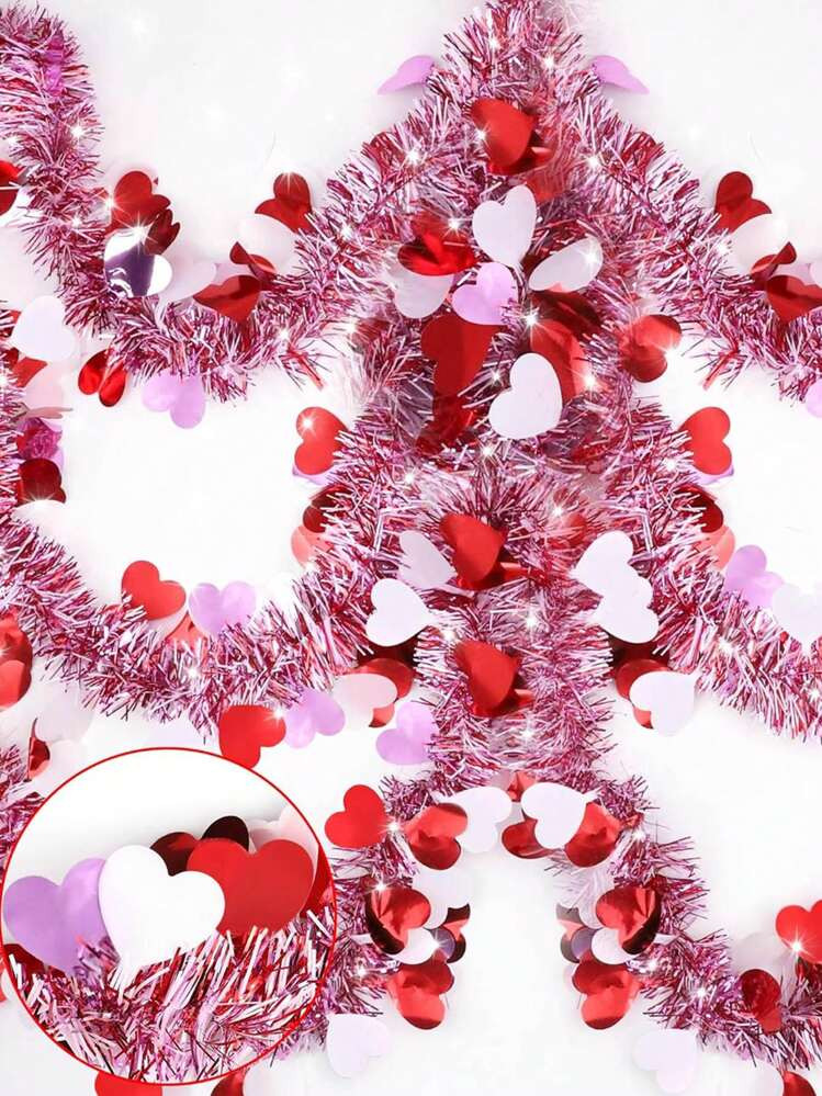 78.7inch/200cm Valentines Heart Tinsel Garland Decorations, Valentines Day Red Pink White Metallic Garland Valentine's Day Decorations For Home Indoor Outdoor Wedding Hanging Valentines Day Decor Back To School Valentine Day | SHEIN