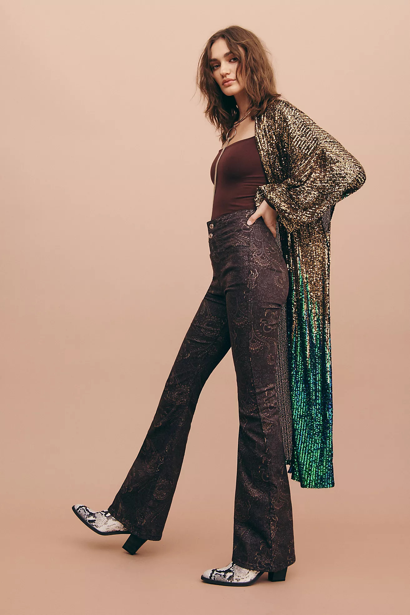 Jayde Foil Printed Flare Jeans | Free People (Global - UK&FR Excluded)