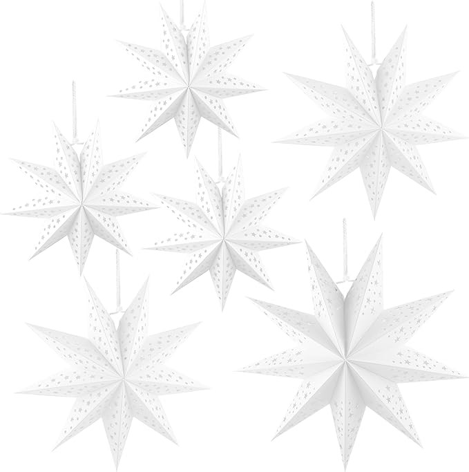 6 Pack Paper Star Lanterns White 9-Pointed Star Lamp Shade Hollow Stars Hanging Decorations for C... | Amazon (US)