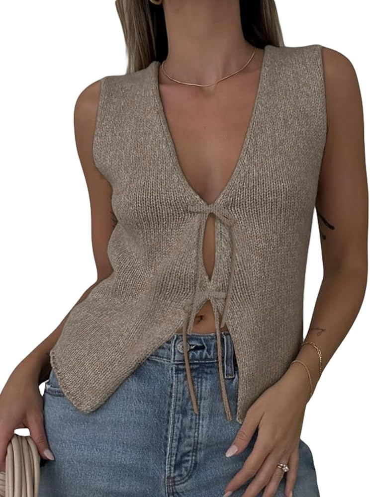 Women Sleeveless Knit Vest Top V Neck Open Front Tie Up Crochet Crop Top Casual Vintage Y2k Sweat... | Amazon (US)