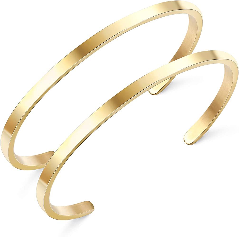 Amazon.com: MILACOLATO 2 Pcs Stainless Steel Thin Cuff Bracelet for Him and Her 18K Gold Plated O... | Amazon (US)