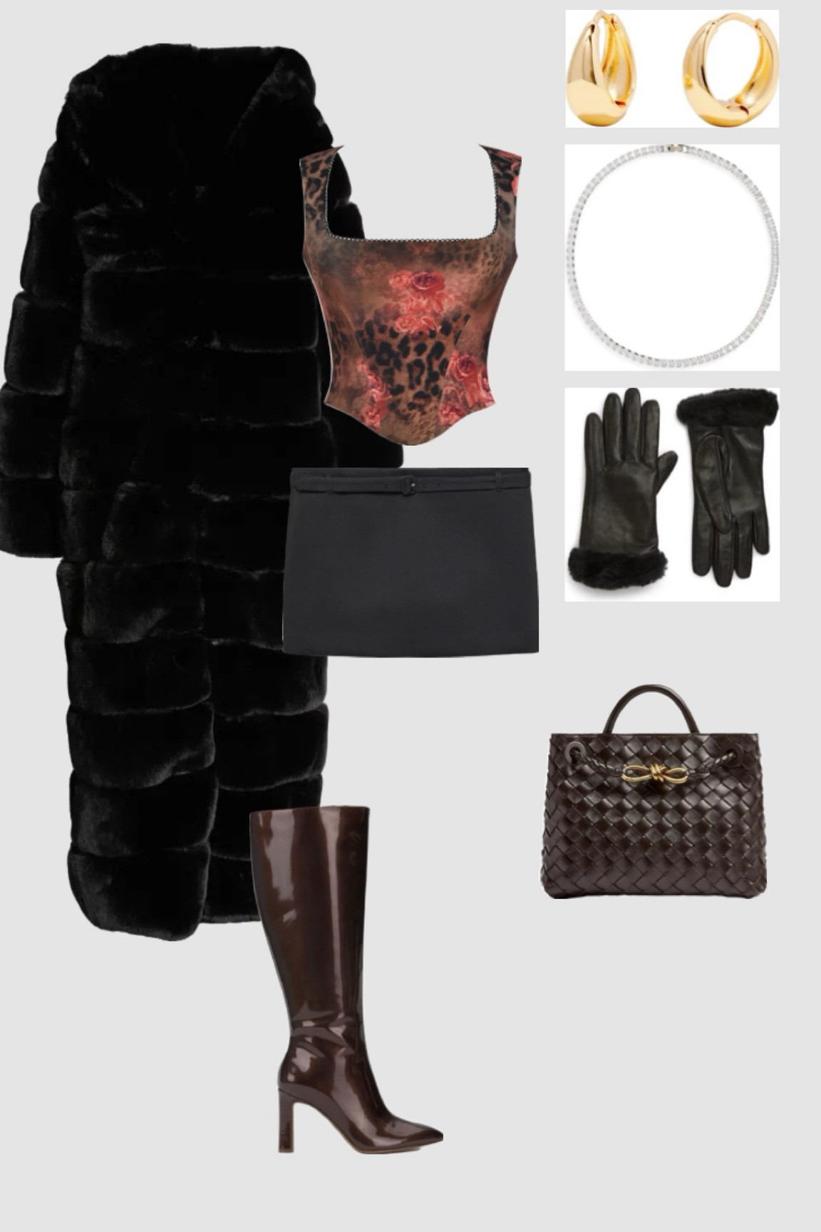 Mob wife outfit inspo, 2024 dinner outfit, going out outfit, knee high boots, tall boots, black fur coat, mini skirt, house of cb