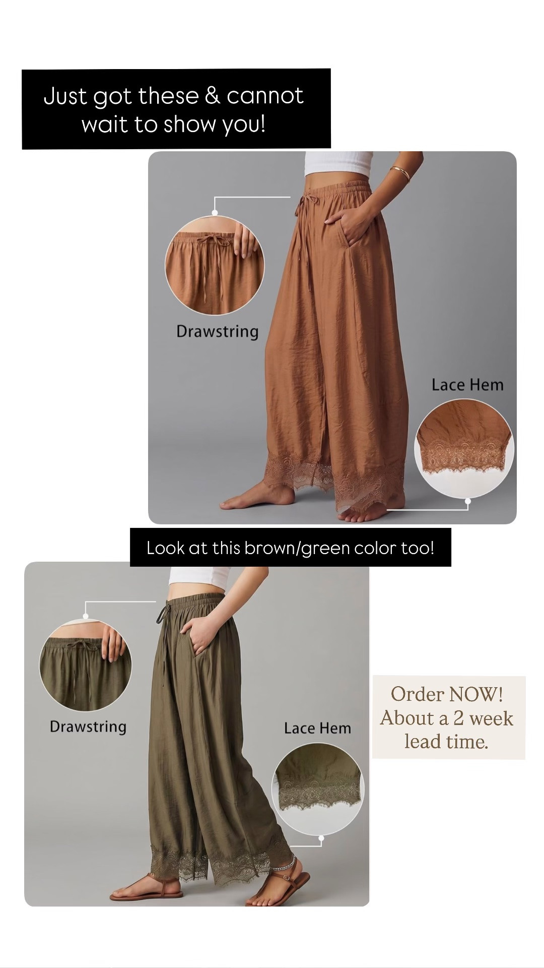 New lace hemmed silky barrel pants! Omg — they’re so cute on. About 2 week lead time so order NOW! 
Fit tts. I got a medium

#LTKmomlife #LTKgrwm #LTKOver40