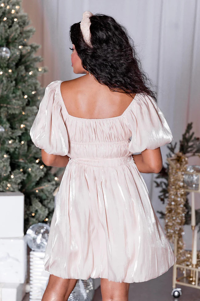 Feeling Frosty Champagne Puff Sleeve Bubble Hem Mini Dress | Pink Lily