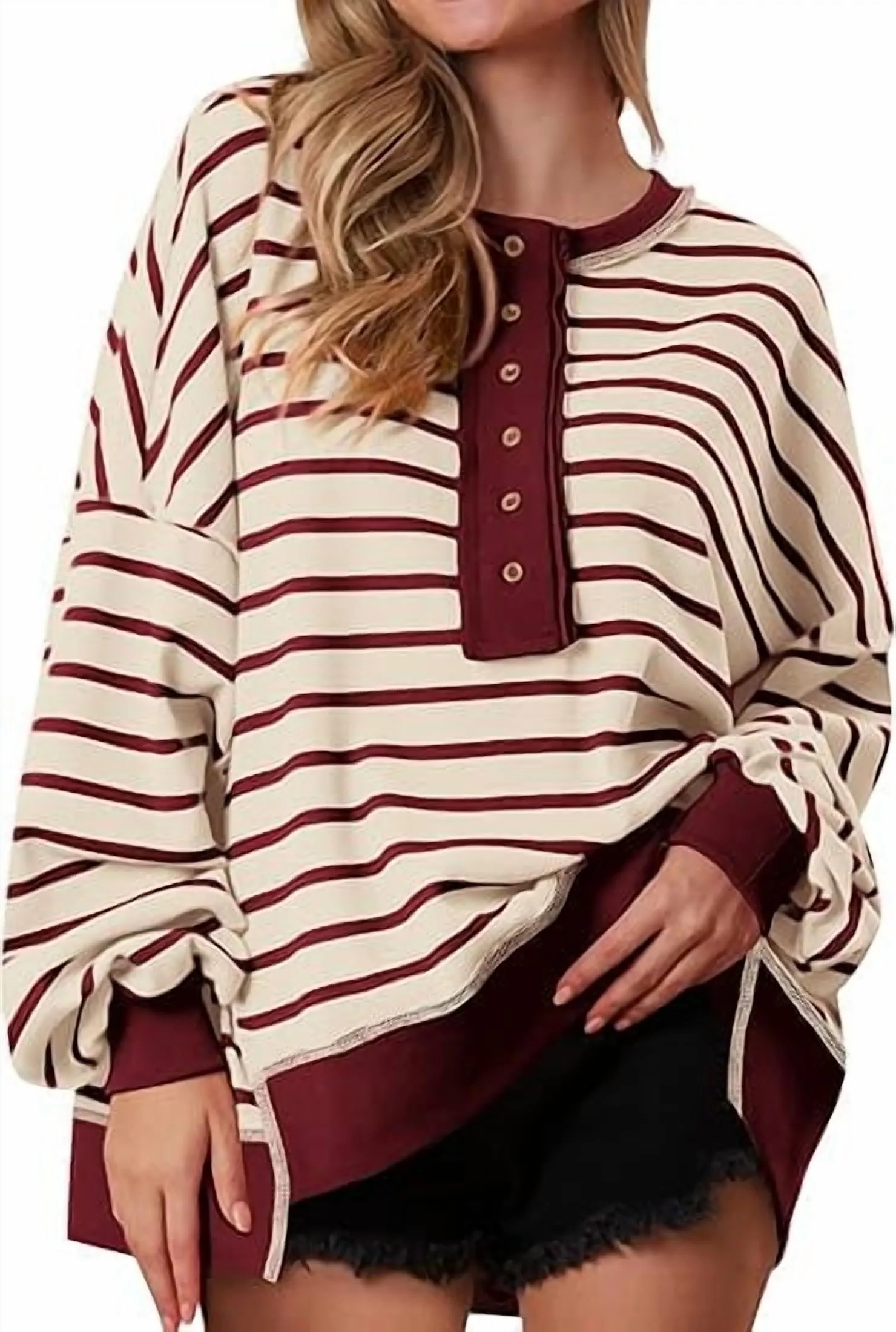 PRETTYGARDEN Womens Fall Striped Oversized Sweatshirt Long Sleeve Button Up Henley Neck Waffle Kn... | Walmart (US)