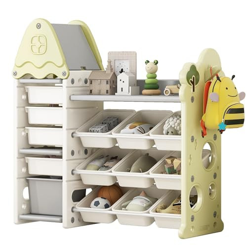 Merax Toy Storage Organizer with 14 Storage Bins, Kids Toy Organizers and Storage with Roof for Boys Girls Bedroom Playroom Living Room (Organizer w/Tree Roof, Green) | Amazon (US)