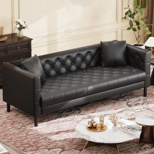 IDEALHOUSE 81" Mid Century Modern Leather Sofa, 3 Seater Chesterfield Couch with Button Tufted Back & Deep Seat, Upholstered Living Room Sofa for Apartment or Office, Black | Amazon (US)
