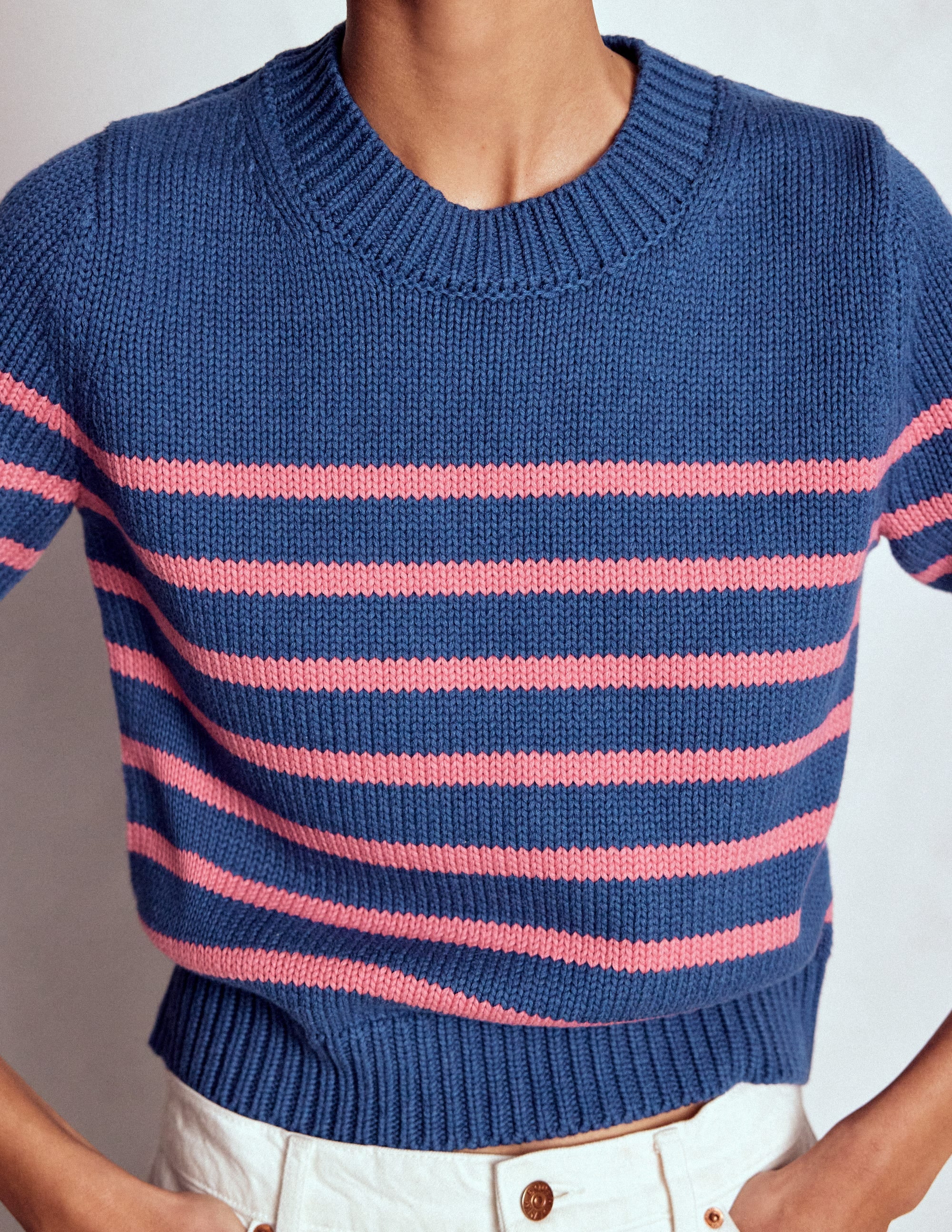 Lucy Chunky Cotton Sweater-Blue, Pink Stripe | Boden (US)