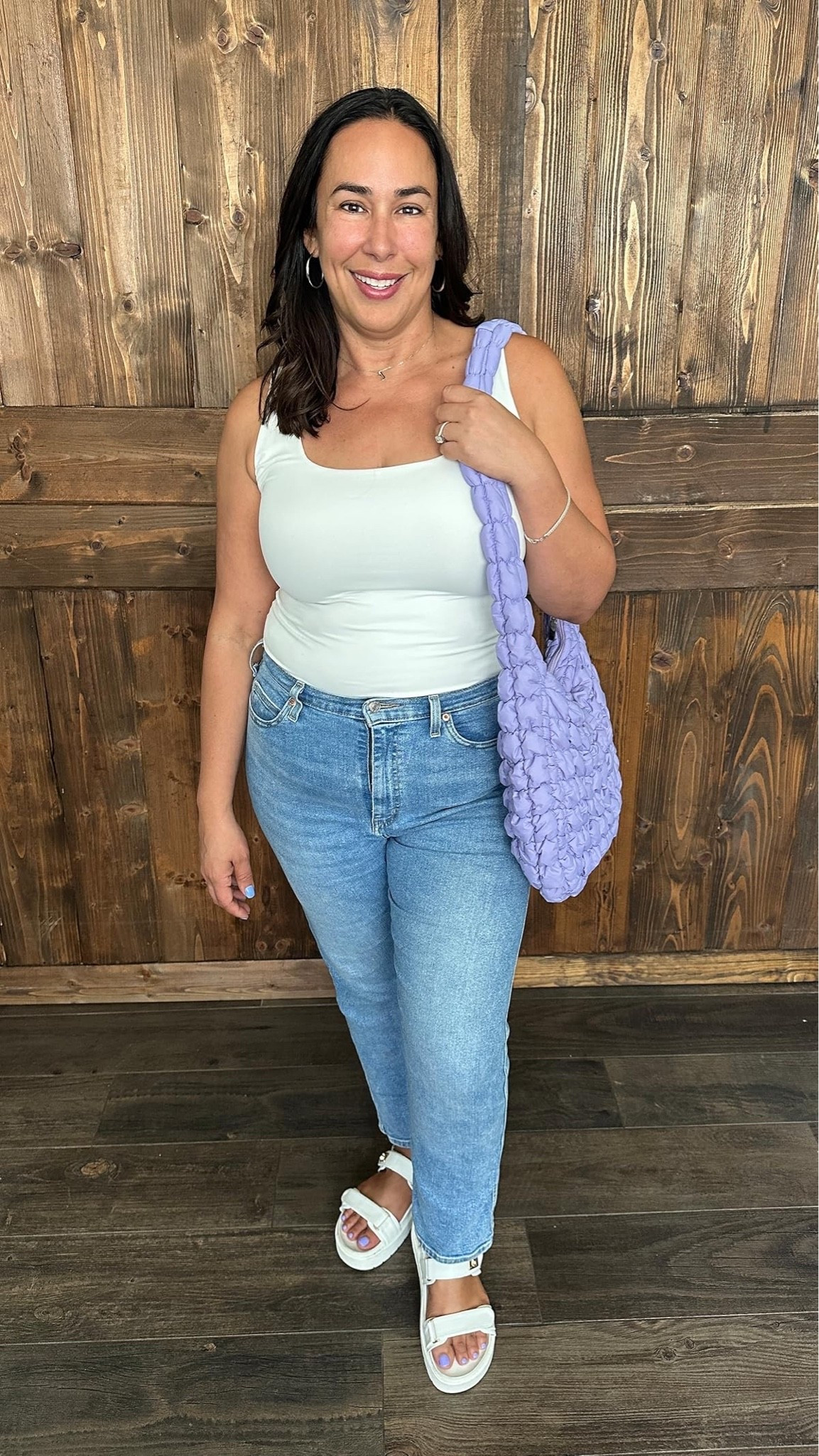 This white square neck top is one of my favorites and a bestseller for good reason. It’s midsize friendly and super flattering. I love that I’m comfy enough wearing it and these jeans. The people puffer purse is adorable and adds a cute pop of color. 
Casual outfit, midsize spring outfit inspo

#LTKMidsize #LTKOver40 #LTKSeasonal