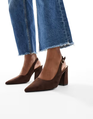 SEQWL Wide Fit Hogan slingback block heel shoes in suedette brown | ASOS (Global)