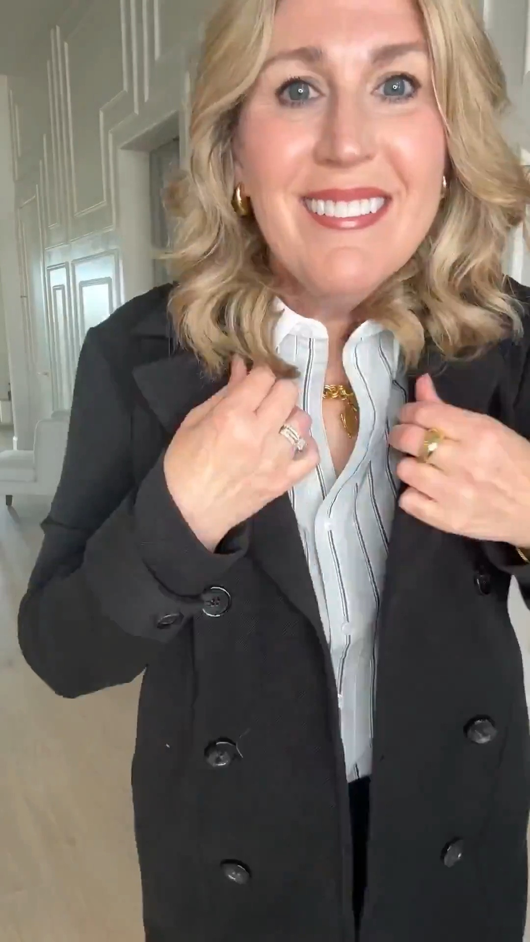 Shirt is stretchy. Fits tts.
Denim is stretchy. Runs tts. 
Peacoat is stretchy. Runs tts. Loving these pieces!  On sale! ♥️

#LTKWatchNow #LTKShoeCrush #LTKParties #LTKStyleTip #LTKItBag #LTKSaleAlert #LTKFindsUnder50 #LTKMidsize #LTKFindsUnder100 #LTKOver40 #LTKSeasonal #LTKWorkwear #LTKGiftGuide