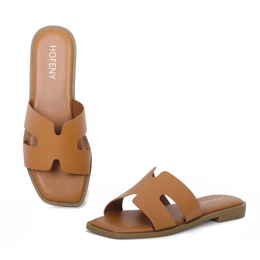 Womens Slip On Flat Sandals Soft Leather Open Toe Slide for Summer Dressy | Amazon (US)