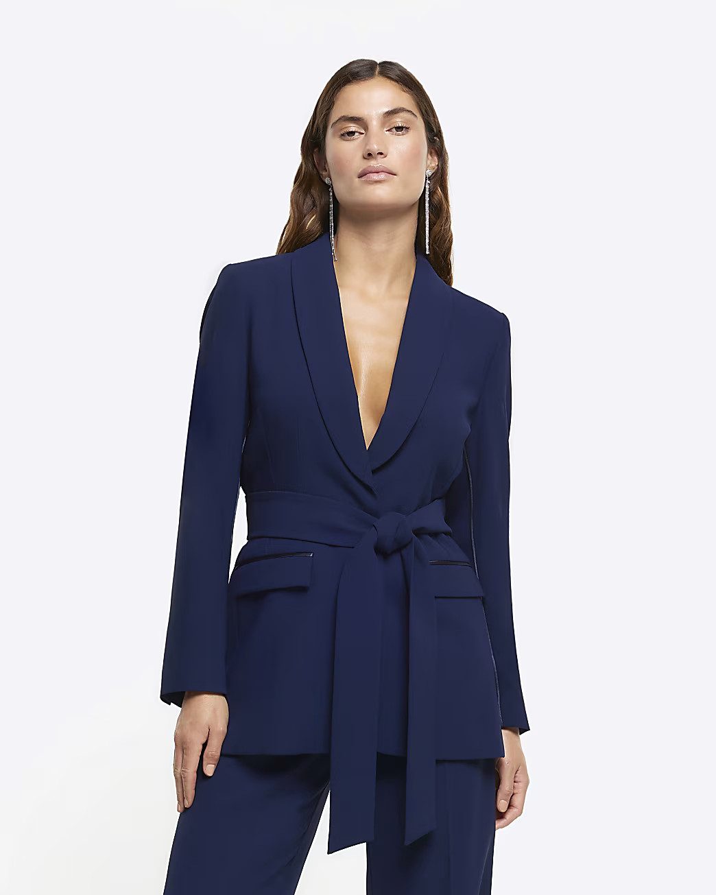 Navy RI Studio belted tuxedo blazer | River Island (UK & IE)