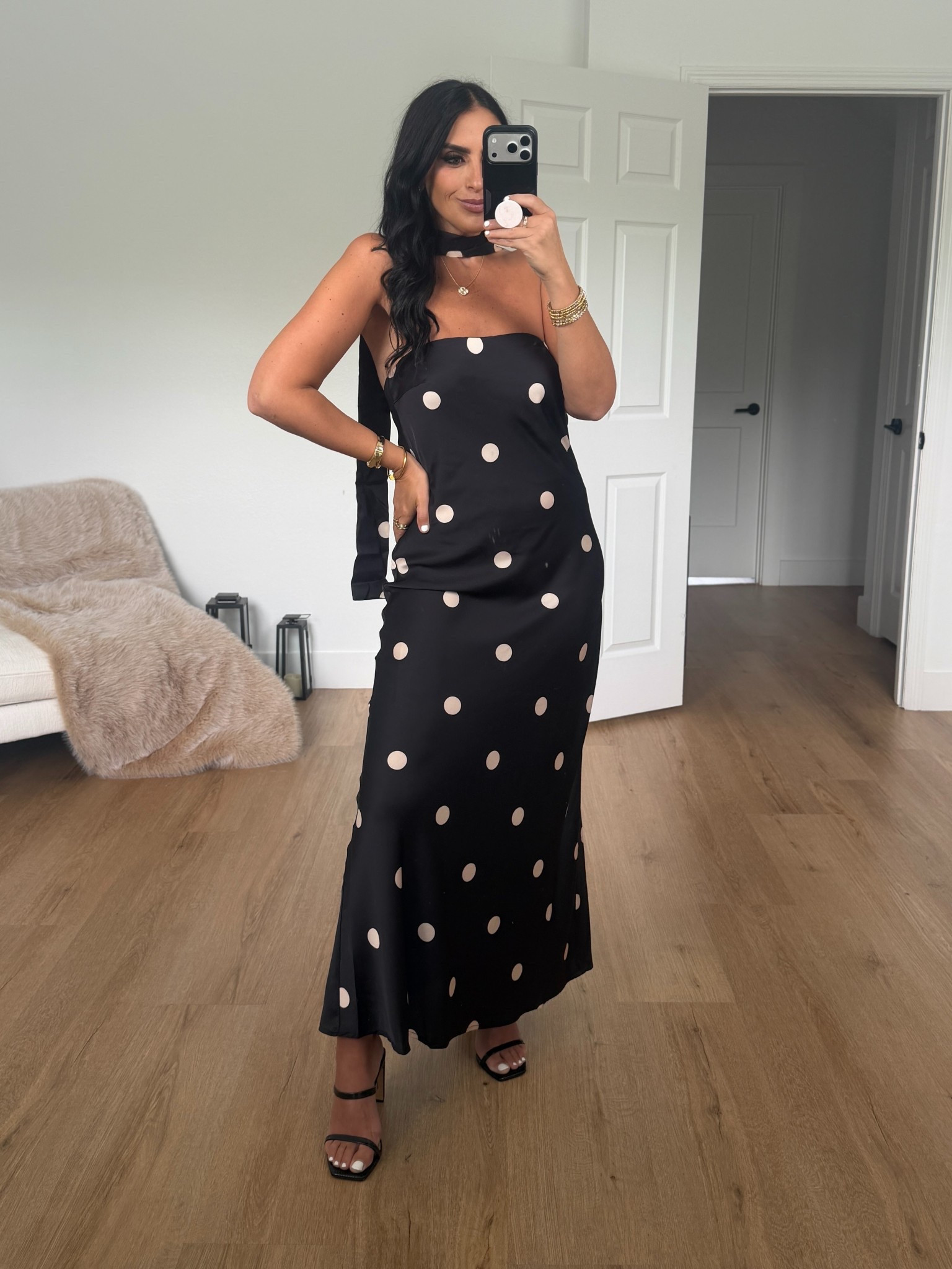 Petal & Pup Jutta Strapless Maxi Dress Black Polka Dot wearing size medium