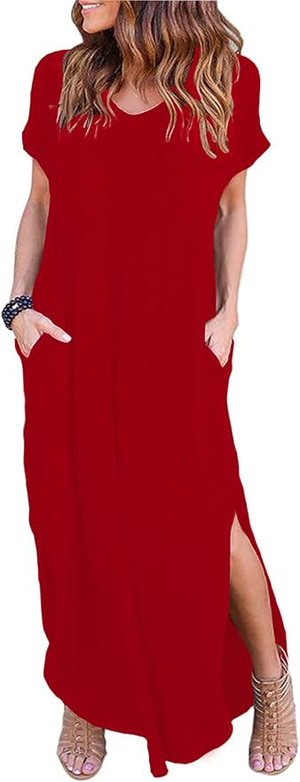 Women Summer Casual Maxi Dress Loose Pockets Short Sleeve Split Boho Dresses | Amazon (US)