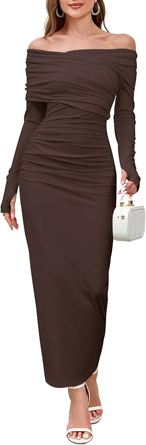 Elegant Off Shoulder Long Sleeve Ruched Bodycon Maxi Dress Wedding Guest Evening Formal Fall Long... | Amazon (US)