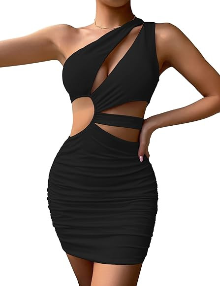ssyyx Womens Sexy One Shoulder Cut Out Dress Ruched Sleeveless Bodycon Dresses Club Cocktail Mini... | Amazon (CA)