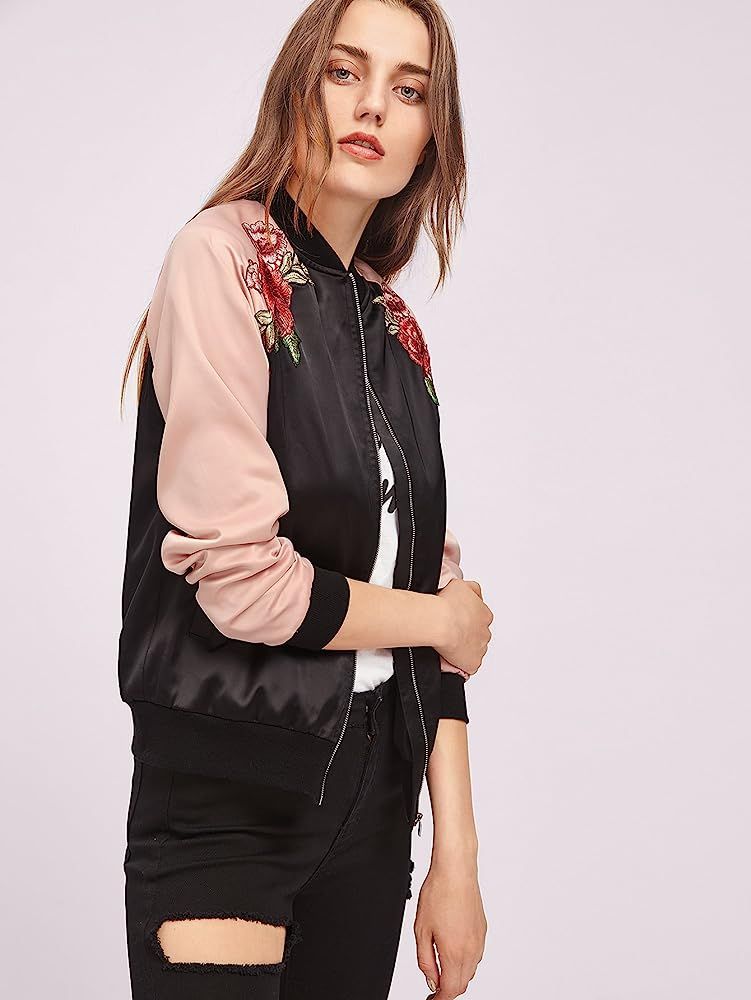 Floerns Women's Casual Short Embroidered Floral Bomber Jacket | Amazon (US)
