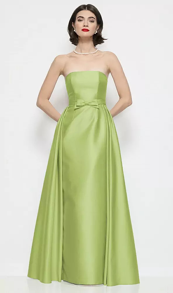 Strapless Bow-Waist Satin Column Dress with Overskirt in Mojito | Dessy Group